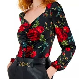 Dark Floral Velvet Romantic Sweetheart Milkmaid Neckline Whimsigoth Top  I.N.C